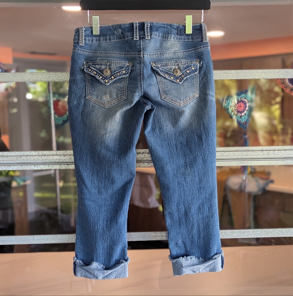 Vintage Y2K LEI Low Rise Capri Jeans Ashley Bling Baddie Blue Jeans Junior 1 - Picture 3 of 16